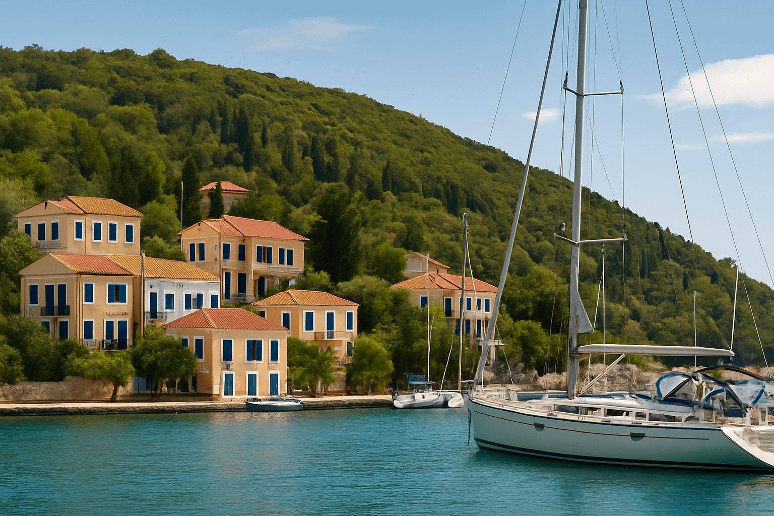 Un porticciolo incantevole incorniciato da un crinale verde e rigoglioso che si immerge nel mare, con poche case eleganti che riflettono la semplicità e il fascino dell'architettura tradizionale greca.