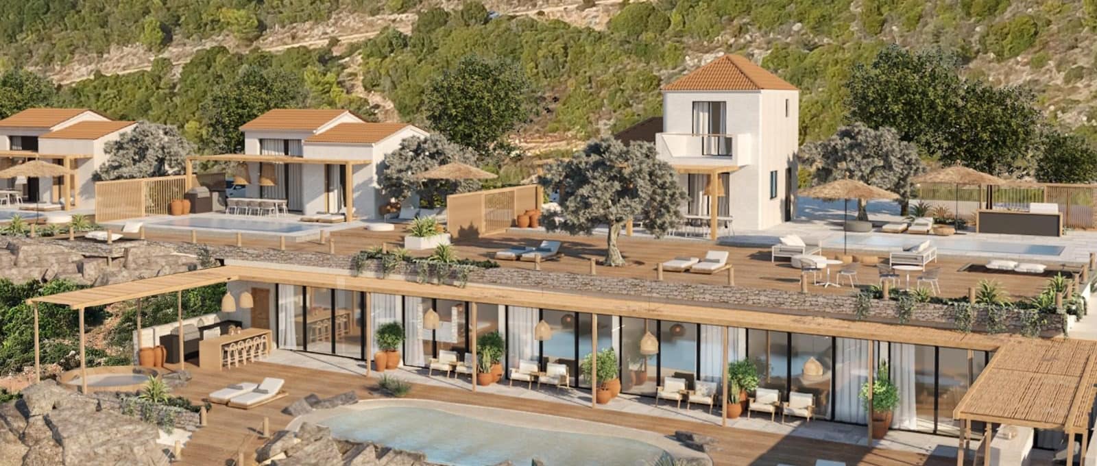 Panoramica di una delle quattro strutture del complesso Euonia a Lefkada, con suite e appartamenti immersi in un paesaggio isolato e spettacolare, a 1,3 km dalla spiaggia di Porto Katsiki.