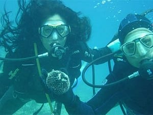 Due partecipanti al corso di diving del Lefkas Diving Center osservano un grosso riccio marino in acque poco profonde, esplorando la vita marina di Lefkada durante la loro immersione.