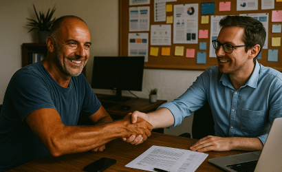 Tiziano abbronzato e stempiato stringe la mano a Henning in un piccolo ufficio di Vicenza, dando inizio al progetto Lefkadatour